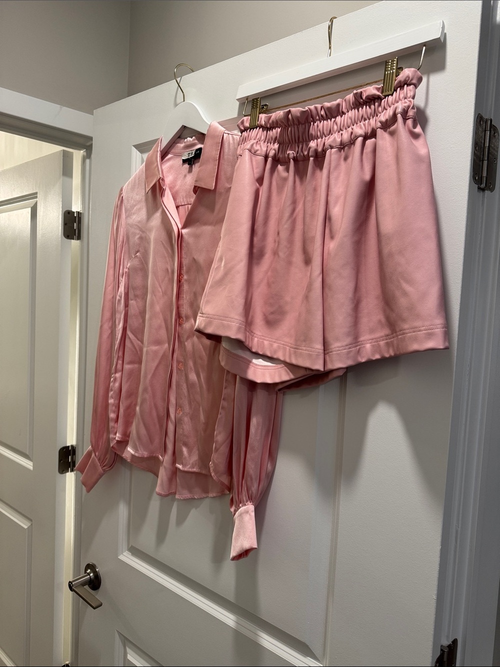 Pink Silk Button-Up Shirt & Elastic Waist Vegan Leather Shorts Set